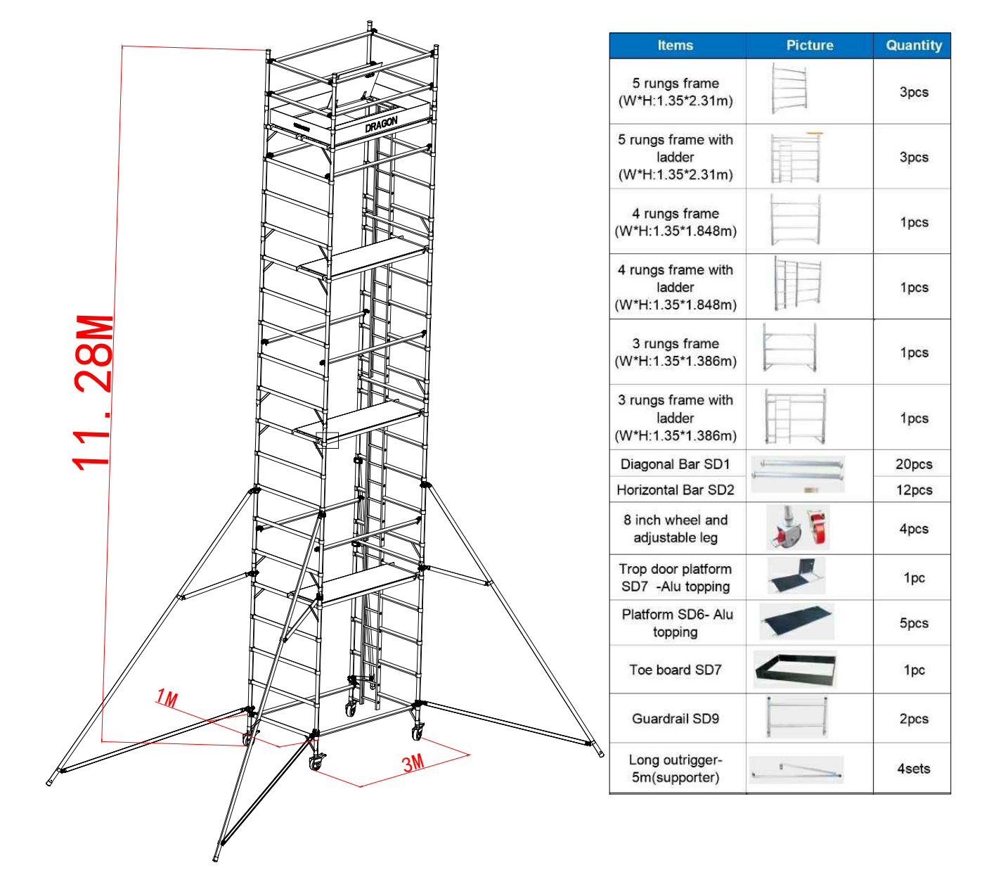 11.28m Outdoor Portable Double Scaffold with Ladder Переносные двойные строительные леса высотой 11,28 м для использования на открытом воздухе с лестницей
