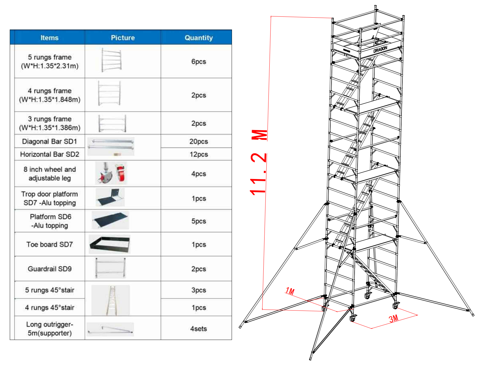 11.28m Aluminum 45 Degree Ladder Scaffolding Tower Алюминиевая вышка с лестницей длиной 11,28 м под углом 45 градусов
