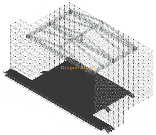 Ферменная система пирамидальной крыши с большим пролетом 20x20 м и 3 длиннопролетными балками для системы Layher