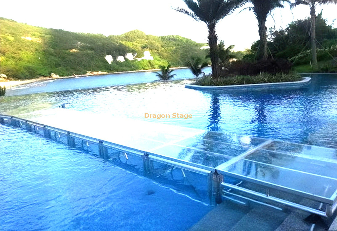 Акриловая прозрачная сценическая платформа для открытого концертного/танцевального бассейна для курортного отеля 19,52x19,52 м, 1,2-2 м