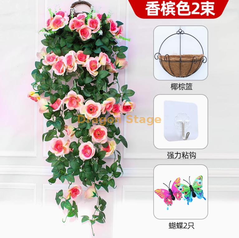 香槟 -2 束玫瑰送椰棕篮+送粘钩 2 只蝴蝶