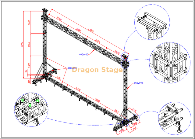 Сверхмощная алюминиевая передвижная ферменная система со светодиодным экраном 12x8,5 м