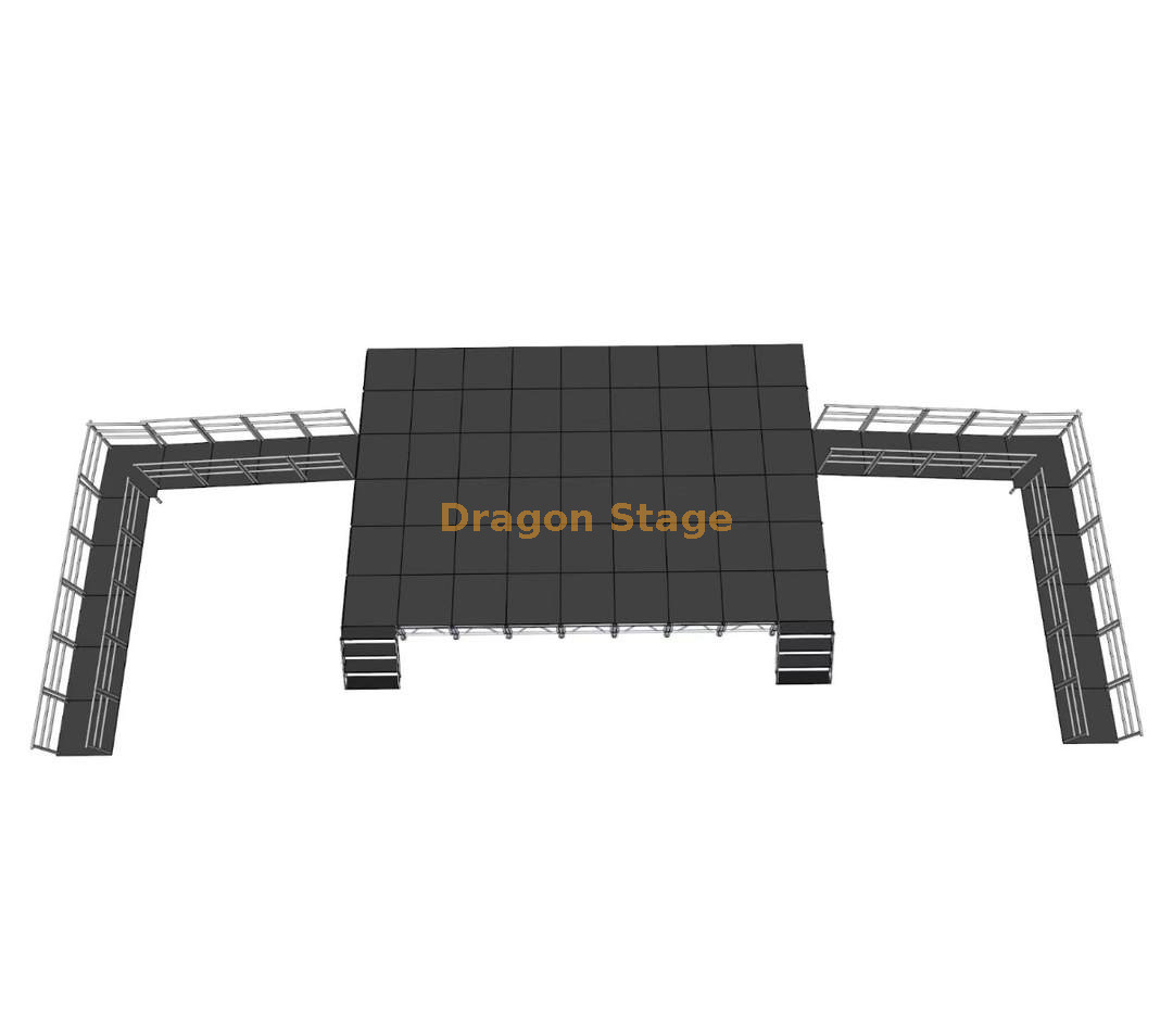 Профессиональная портативная алюминиевая сценическая система размером 10,98x7,32 м с пандусами ADA, 2 лестницами и регулируемой высотой 0,8–1,2 м.