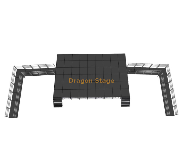 Профессиональная портативная алюминиевая сценическая система размером 10,98x7,32 м с пандусами ADA, 2 лестницами и регулируемой высотой 0,8–1,2 м.